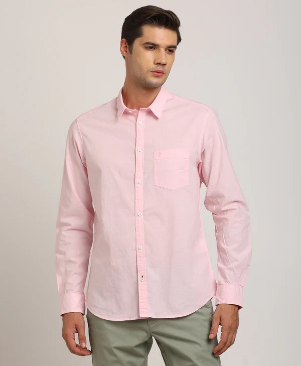 Indian Terrain Men's Regular Fit Full Sleeve Solid Pink Shirt
